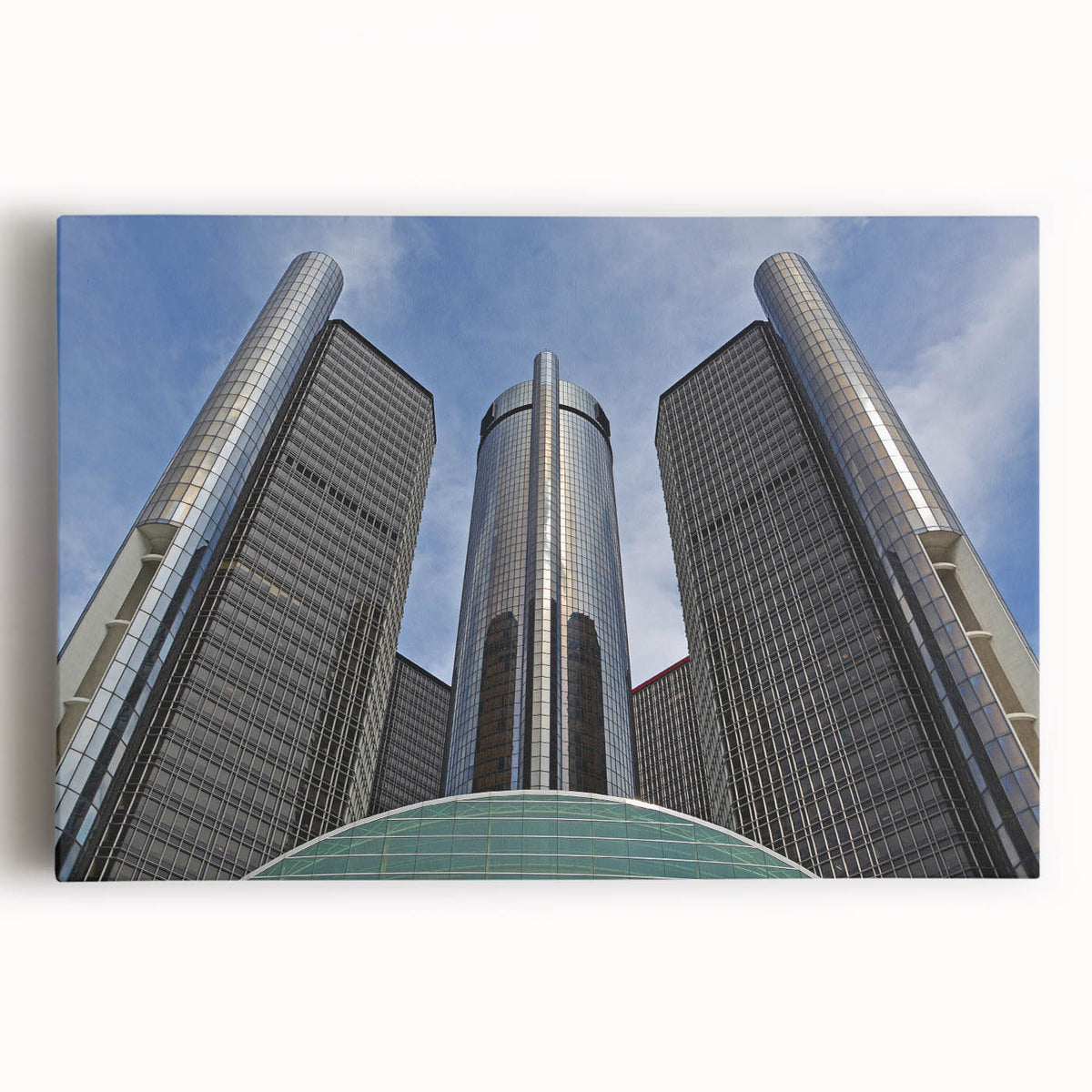 Black and white large art print of the Detroit skyline on stretched canvas, ideal for kitchen wall art.
