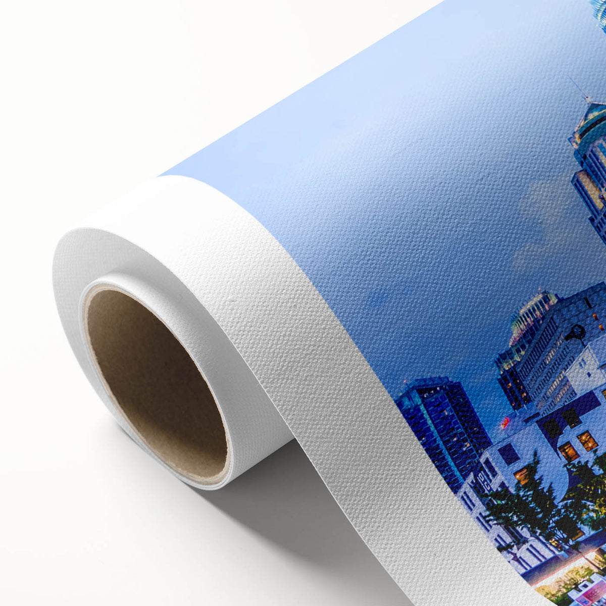 Art Deco-style poster of Charlotte skyline in pastel hues on rolled canvas, ideal for nursery wall art.