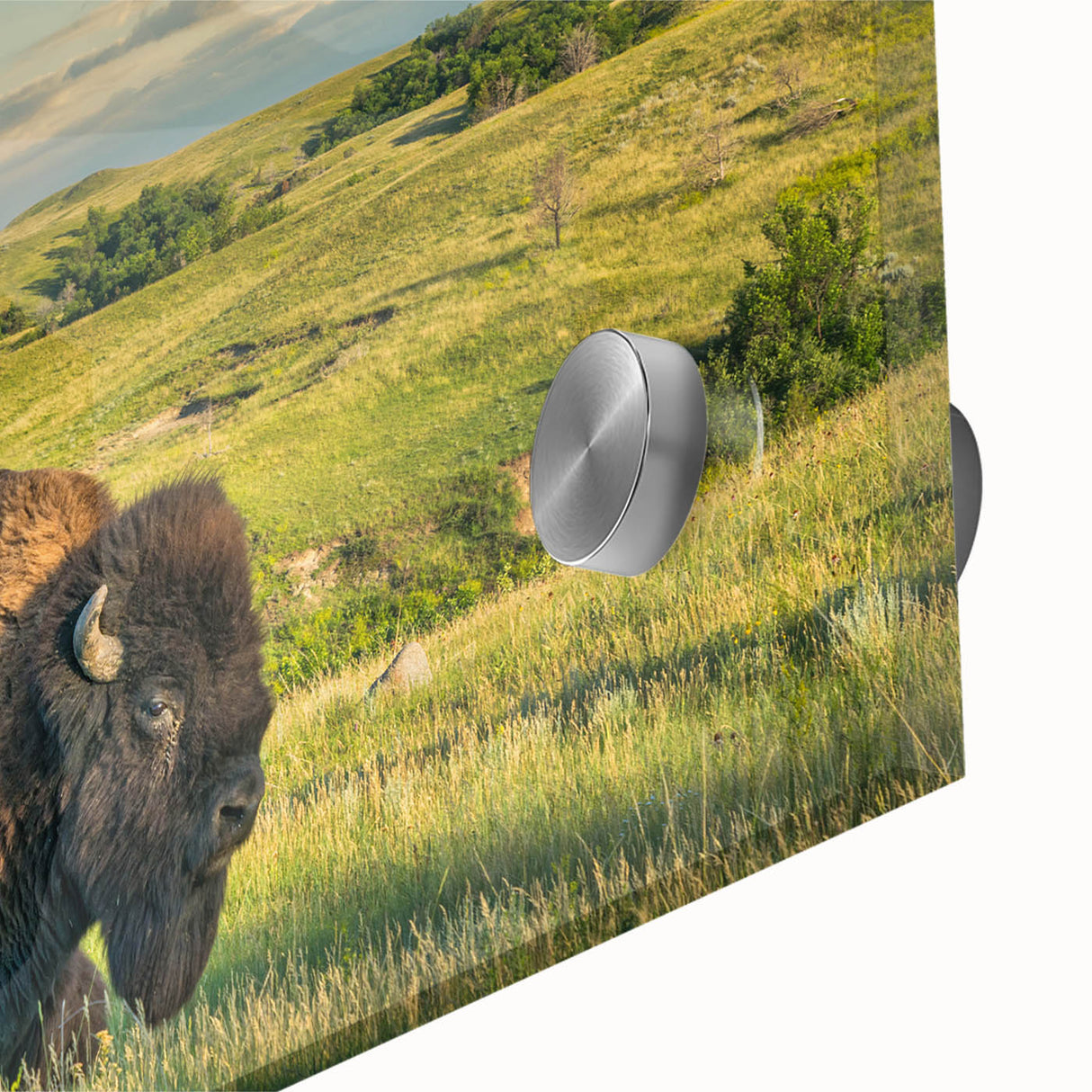 Large abstract wall art depicting North Dakota scenery in mid-century modernist style on acrylic glass.