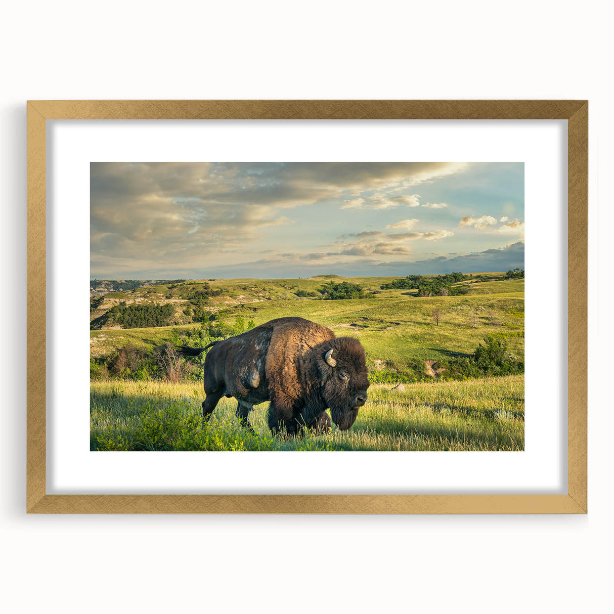 Extra large abstract art print of North Dakota scenery in muted earth tones, framed in gold, ideal for living room decor.