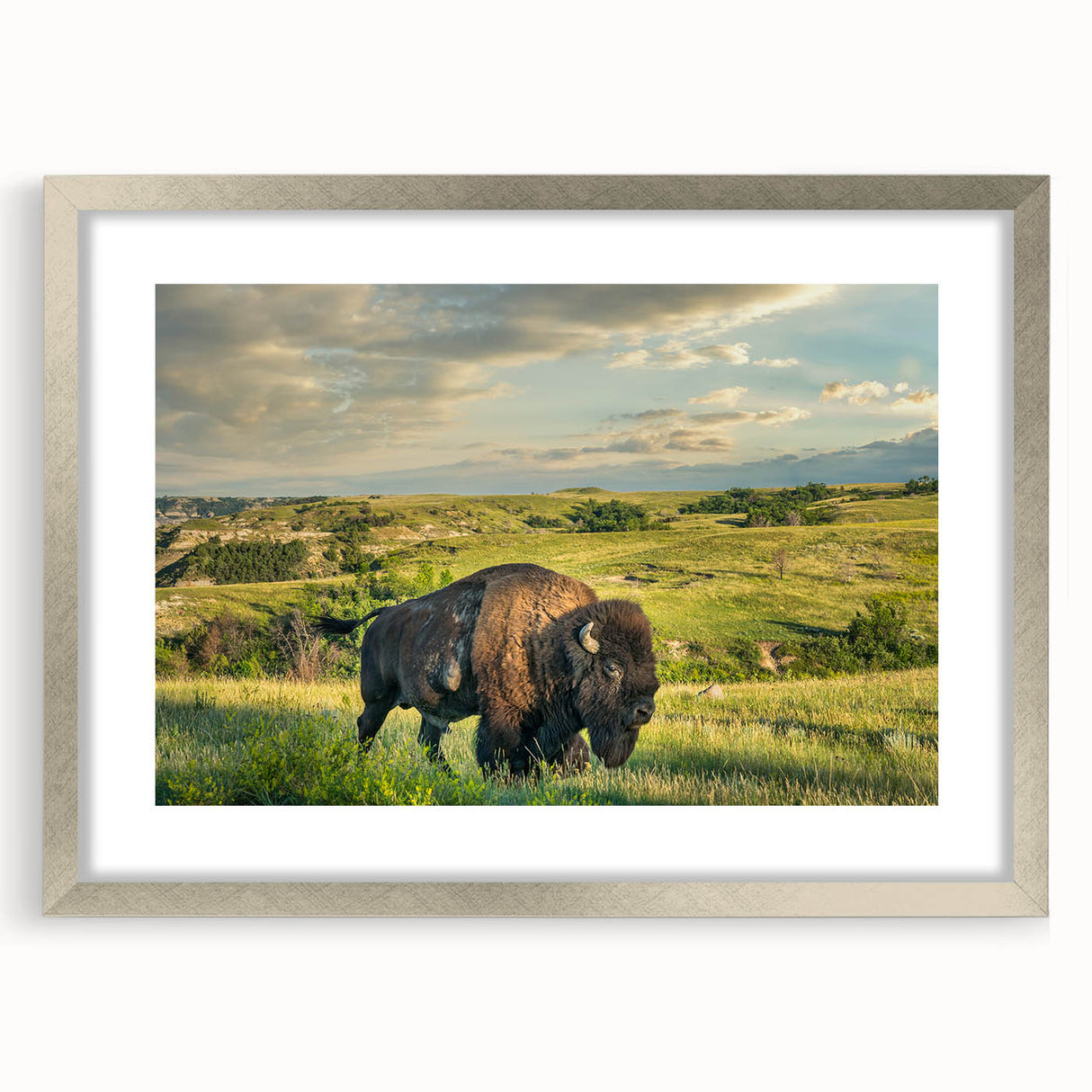 Textured art of abstract North Dakota scenery in muted earth tones on a framed print, ideal for bedroom wall decor.
