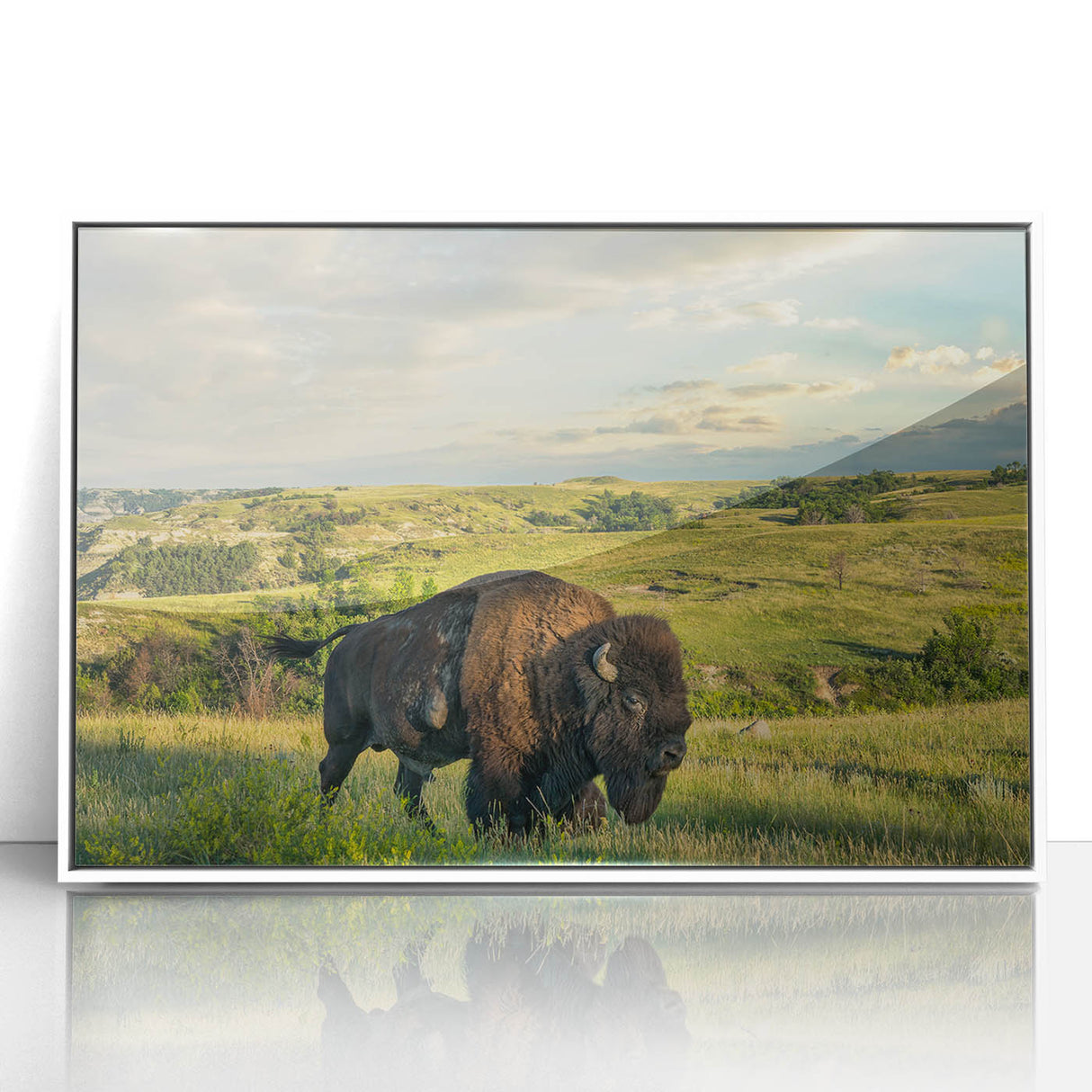 Art deco poster of North Dakota scenery in muted earth tones, framed acrylic, ideal for modern nursery wall art.