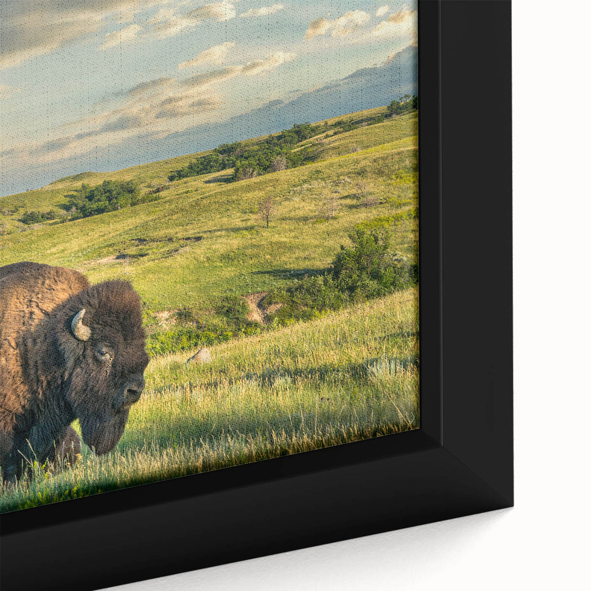 Black wall art featuring a textured North Dakota scenery on a framed canvas, with vibrant colors.