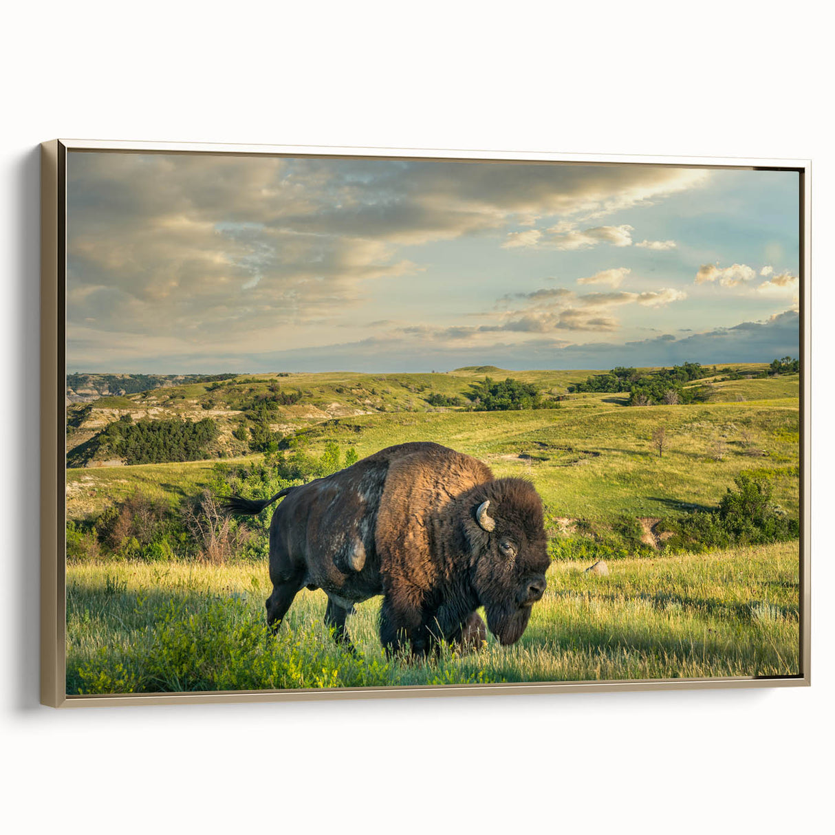Framed canvas of a vintage-style North Dakota landscape in muted gold and black tones, ideal for bedroom wall art.