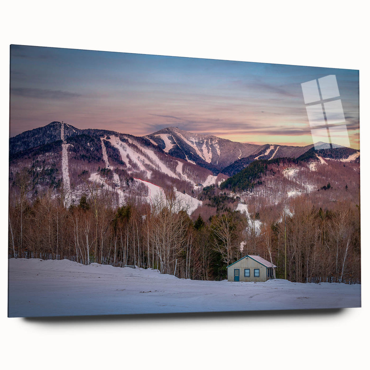 Large abstract depiction of Adirondacks in muted earth tones on acrylic glass, suitable for bedroom or dining room decor.