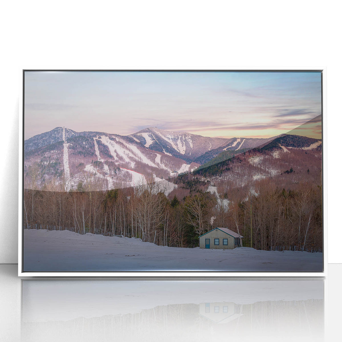Acrylic print of a serene Adirondacks landscape in muted earth tones, framed in white, suitable as modern art wall decor.
