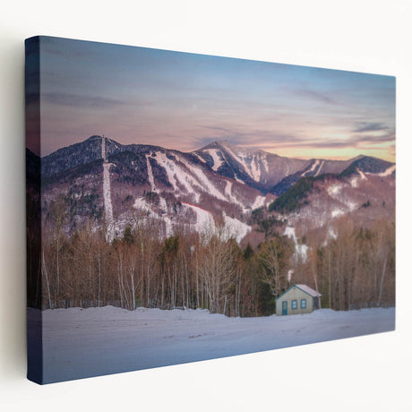 Large art depicting the Adirondacks in muted green and blue tones on stretched canvas, suitable for kitchen wall art.