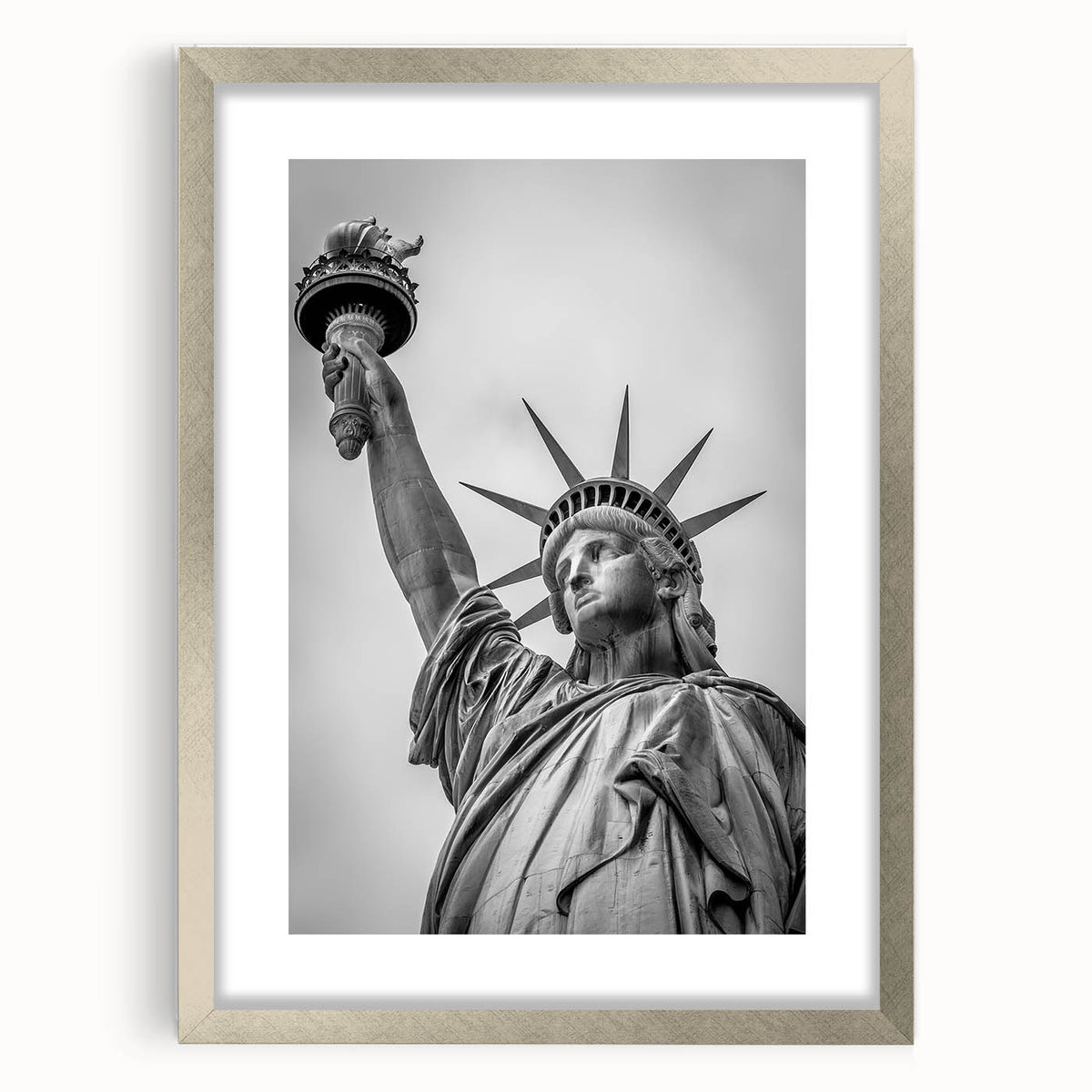 Extra large abstract art print of the Statue of Liberty in muted green and gray tones, framed in silver.