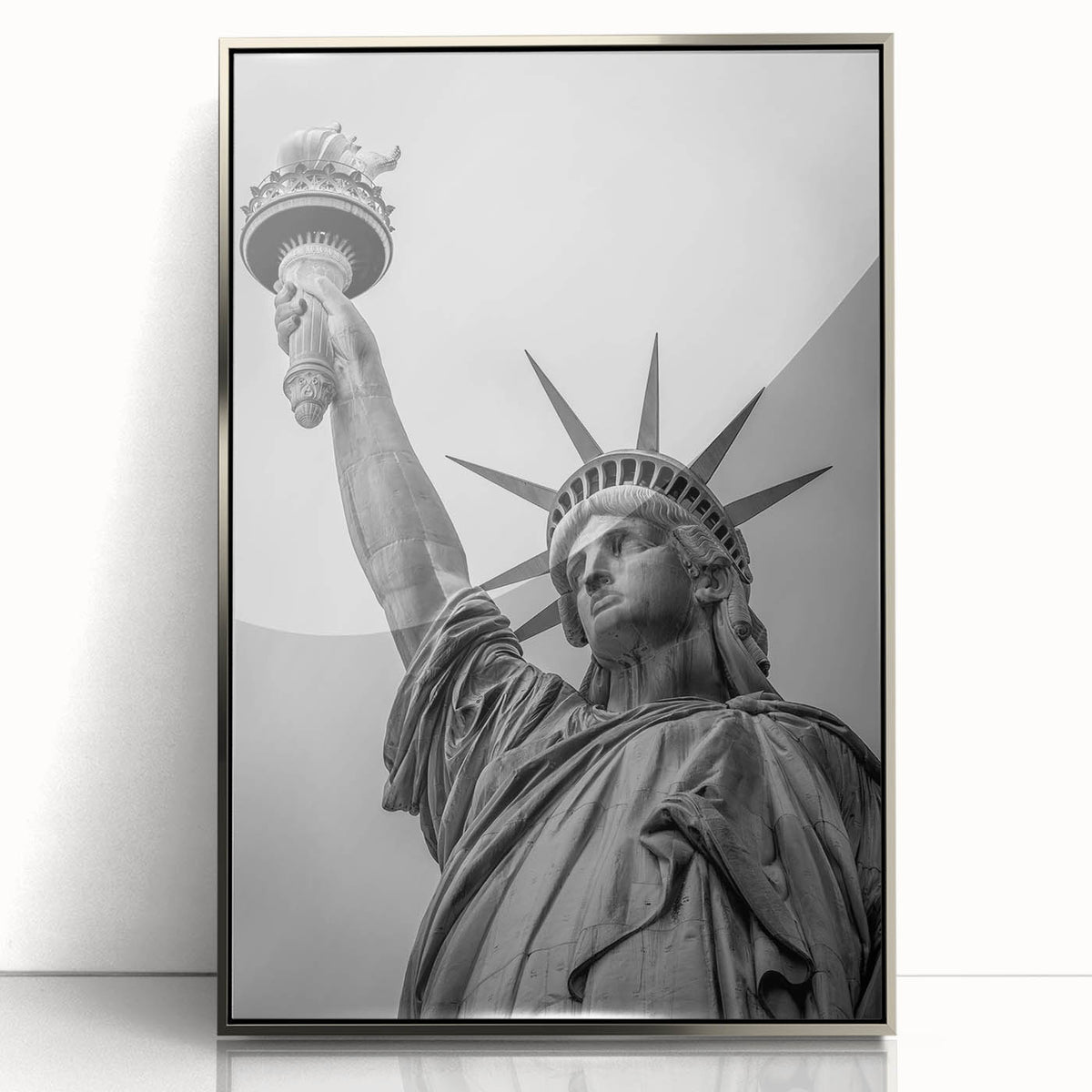 Framed acrylic print of the Statue of Liberty in muted green and gray tones, in a mid-century modernist style.