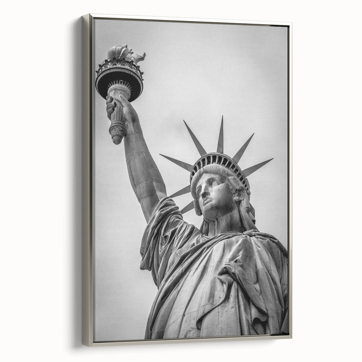 Framed canvas of the Statue of Liberty with a colorful abstract background, ideal for modern living room decor.