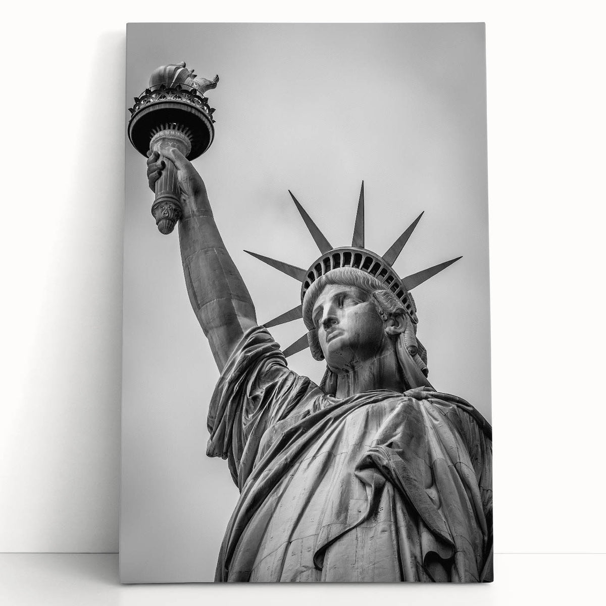 Black and white stretched canvas of the Statue of Liberty, ideal for kitchen wall art.