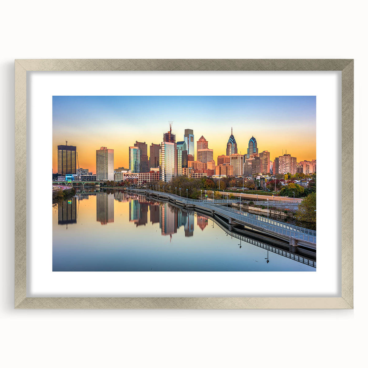 Textured abstract art print of Philadelphia skyline in muted gray tones on a framed canvas, suitable for bedroom decor.