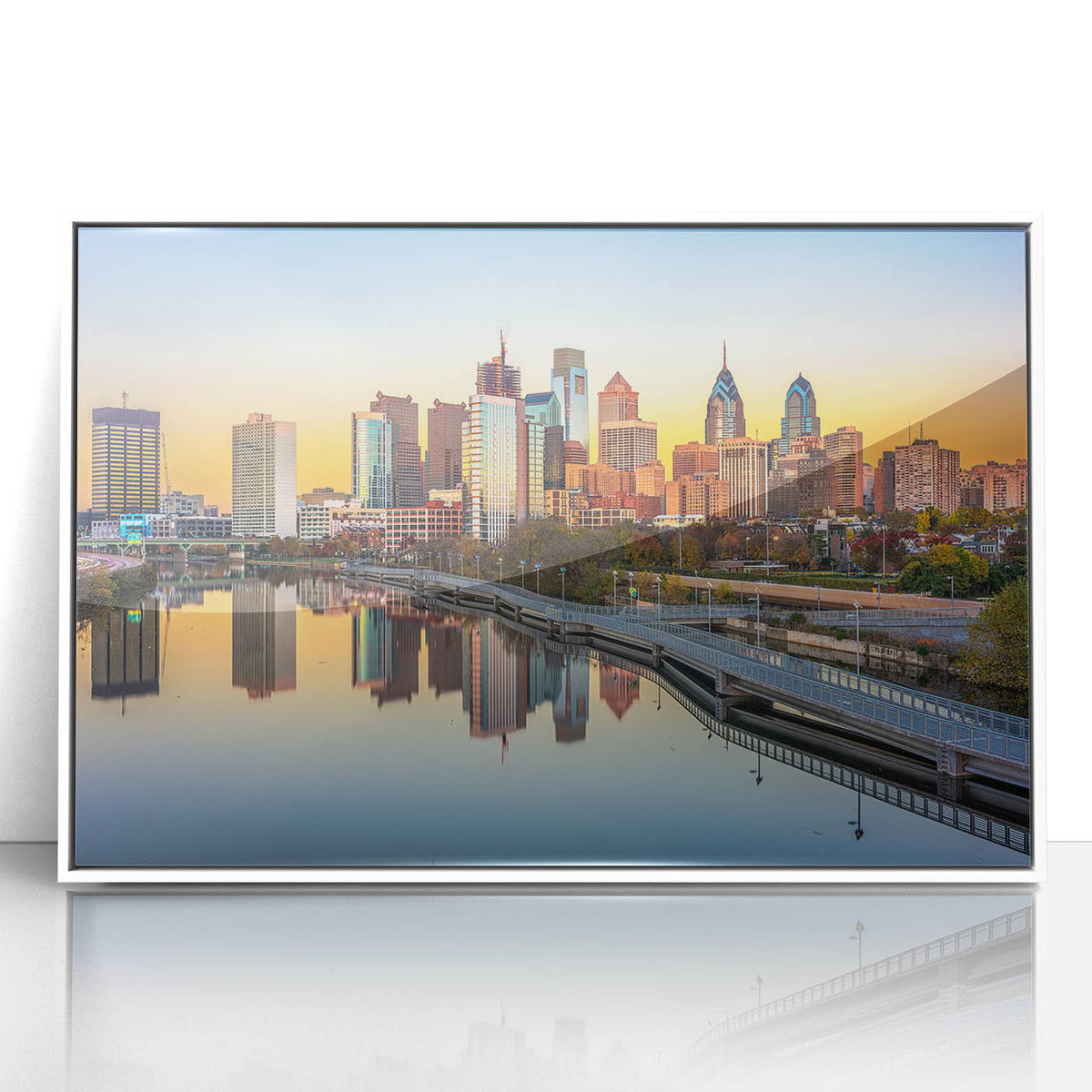 Art deco poster of Philadelphia skyline in muted gray tones on framed acrylic, ideal for modern nursery wall art.