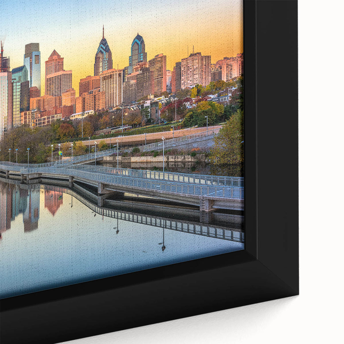 Textured black wall art featuring a colorful Philadelphia skyline on a framed canvas, ideal for large living room decor.