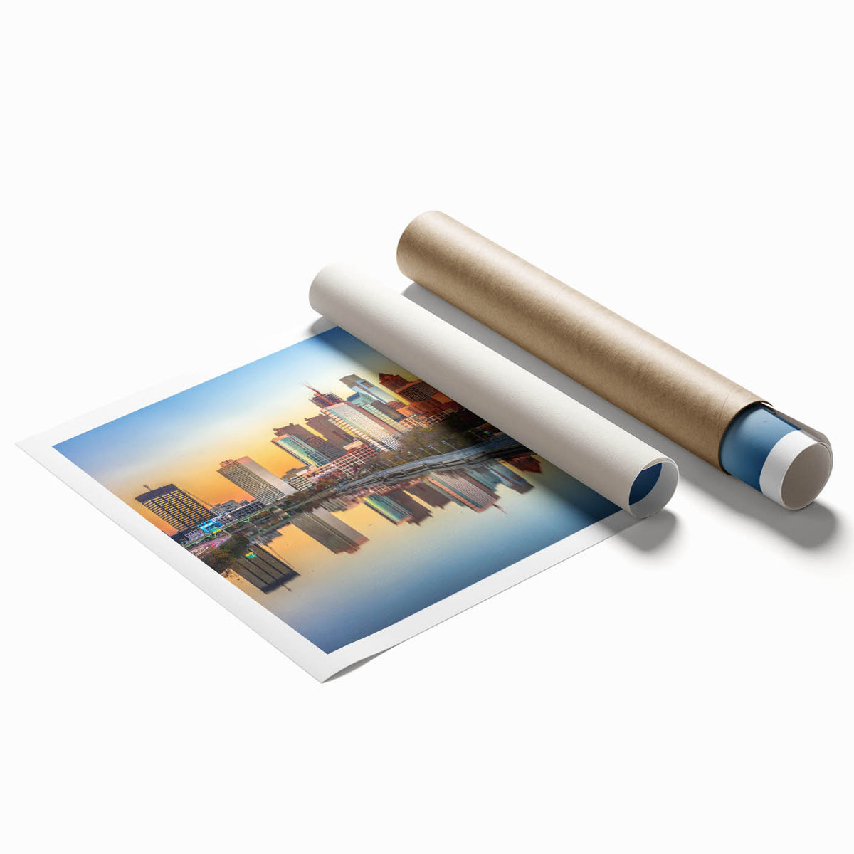 Rolled print of Philadelphia skyline with muted blue and gray tones, suitable as extra large wall art for a classy bathroom.
