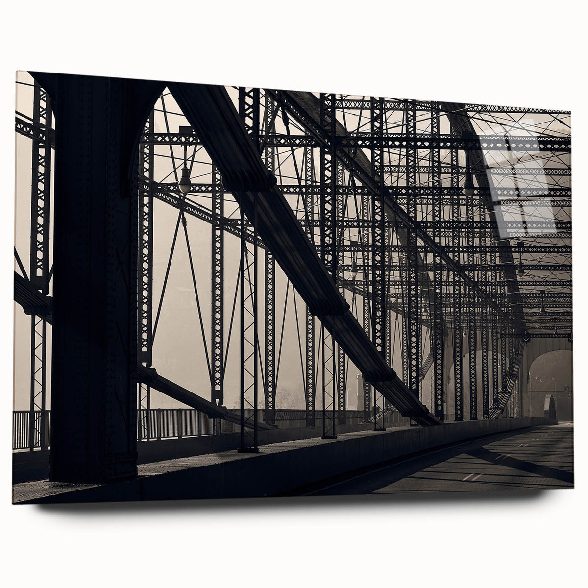Large abstract wall art depicting the Pittsburgh skyline in muted blue and gray tones on acrylic glass.