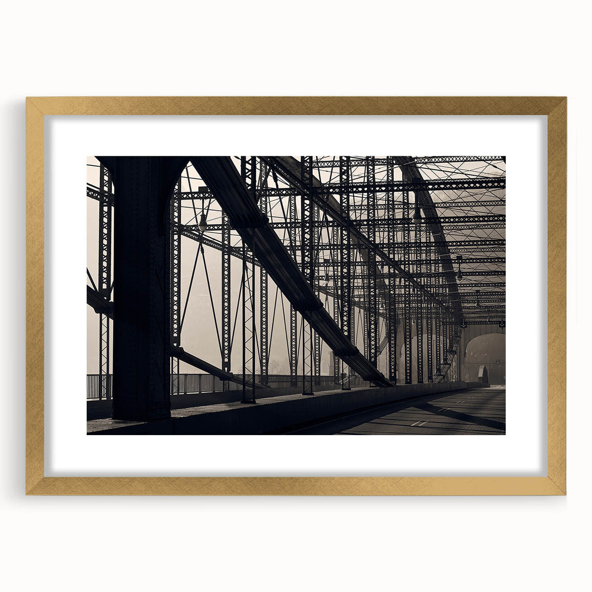 Extra large wall art featuring an abstract print of Pittsburgh skyline in textured gold and black tones on a framed canvas.