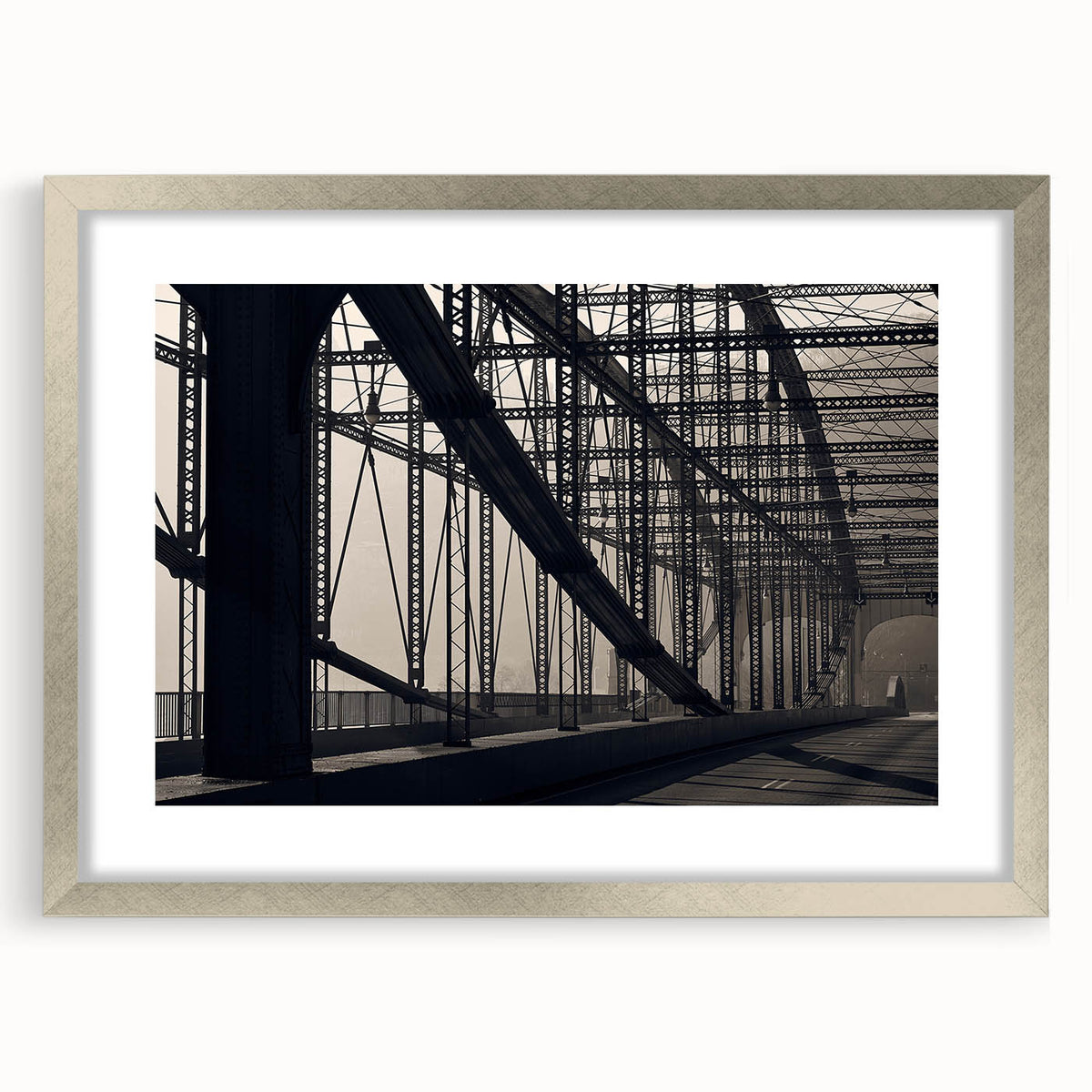 Abstract textured art print of Pittsburgh skyline in muted gray and blue tones on a framed silver mat.