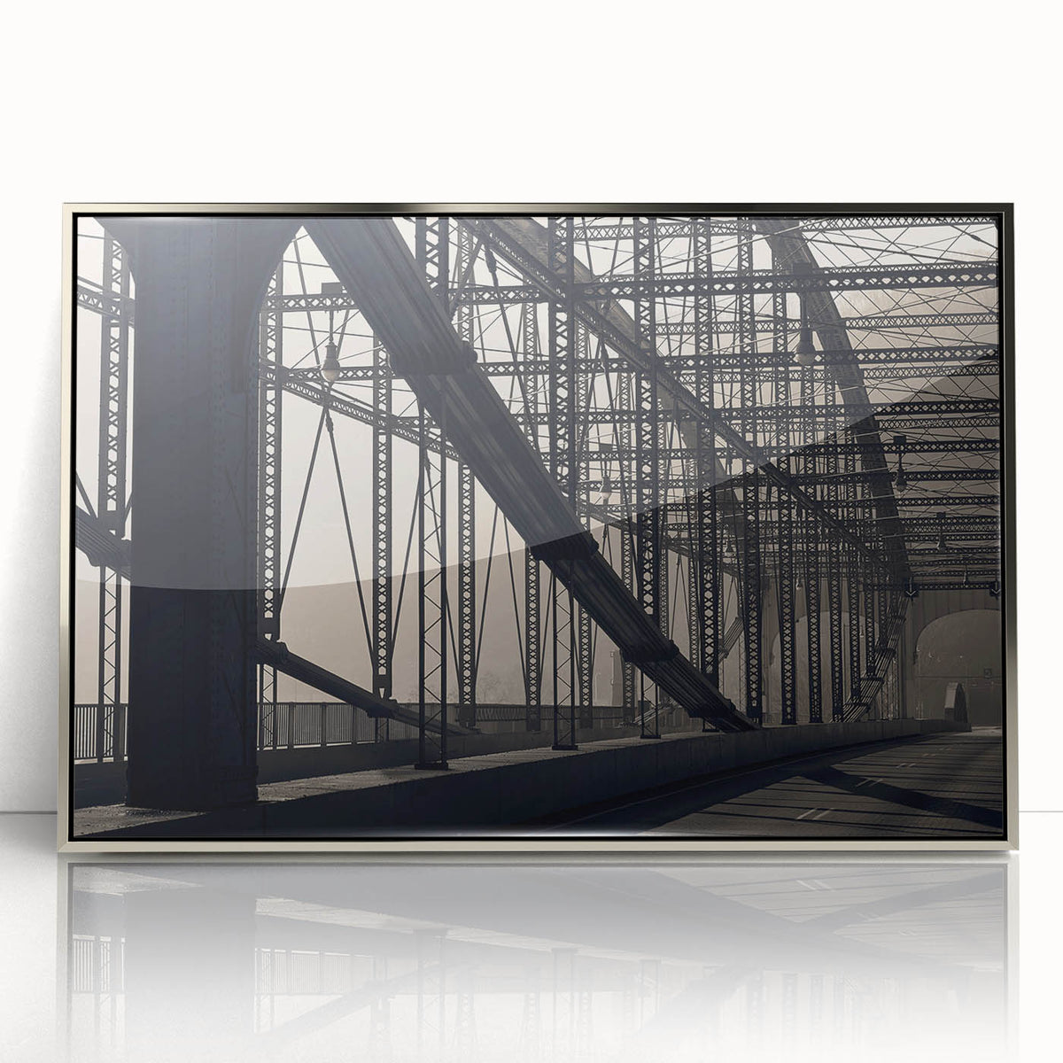 Mid-century modernist art of Pittsburgh skyline in muted colors on a framed acrylic, ideal for modern art wall decor.
