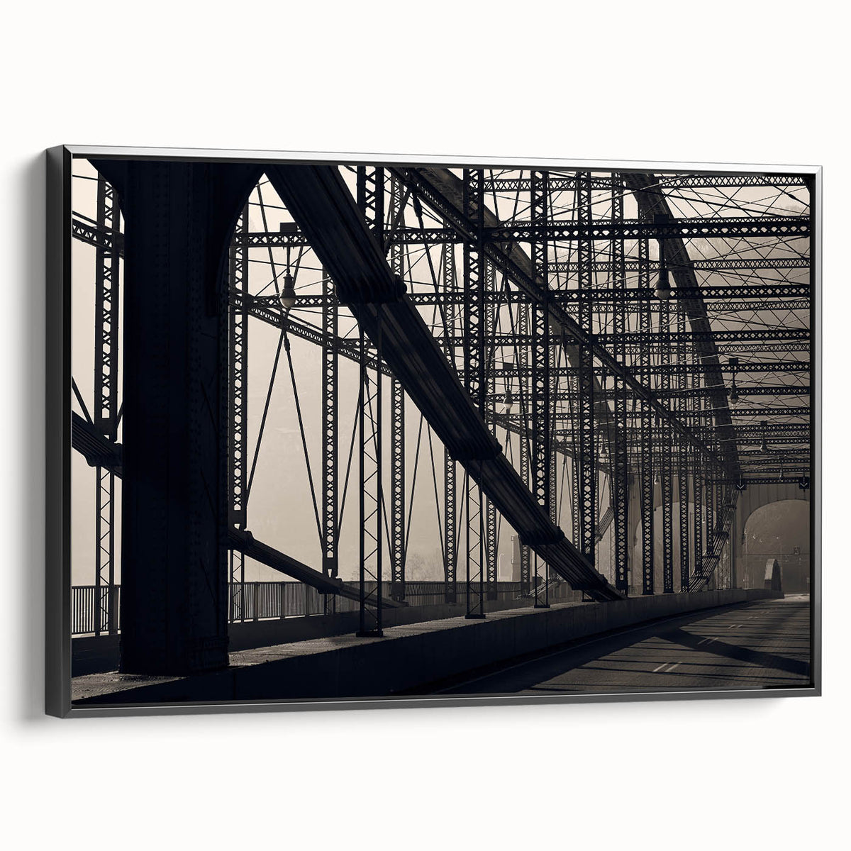 Black and white framed canvas of Pittsburgh landscape, ideal for bedroom wall art.