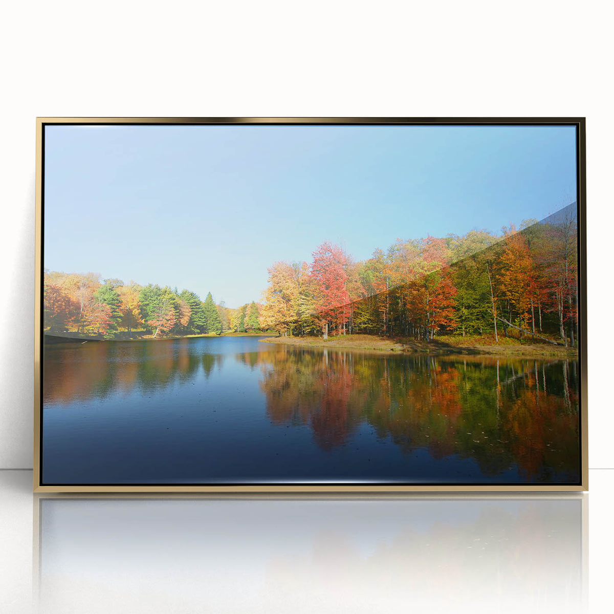 Large art print of Pennsylvania scenery in mid-century modernist style, featuring muted earth tones on a framed acrylic.