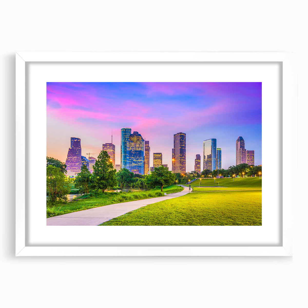 Abstract art print of Houston skyline in muted gray and blue tones on a white framed poster, ideal for dining room decor.