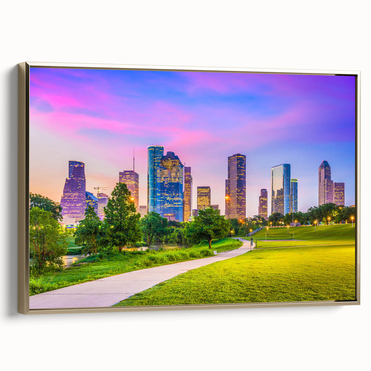Framed canvas of Houston skyline in black and gold tones, vintage style, ideal for bedroom wall art.