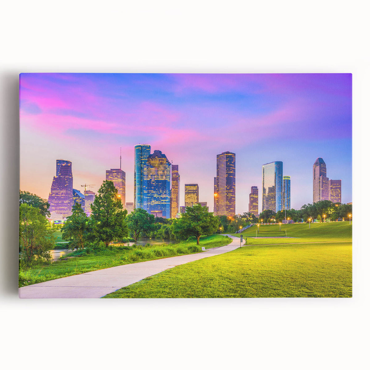 Black and white large art print of the Houston skyline on stretched canvas, suitable for kitchen wall art.