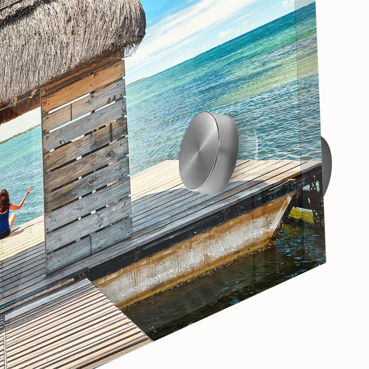 Large abstract wall art of a Mauritius scenery in acrylic glass, featuring mid-century modernist style.