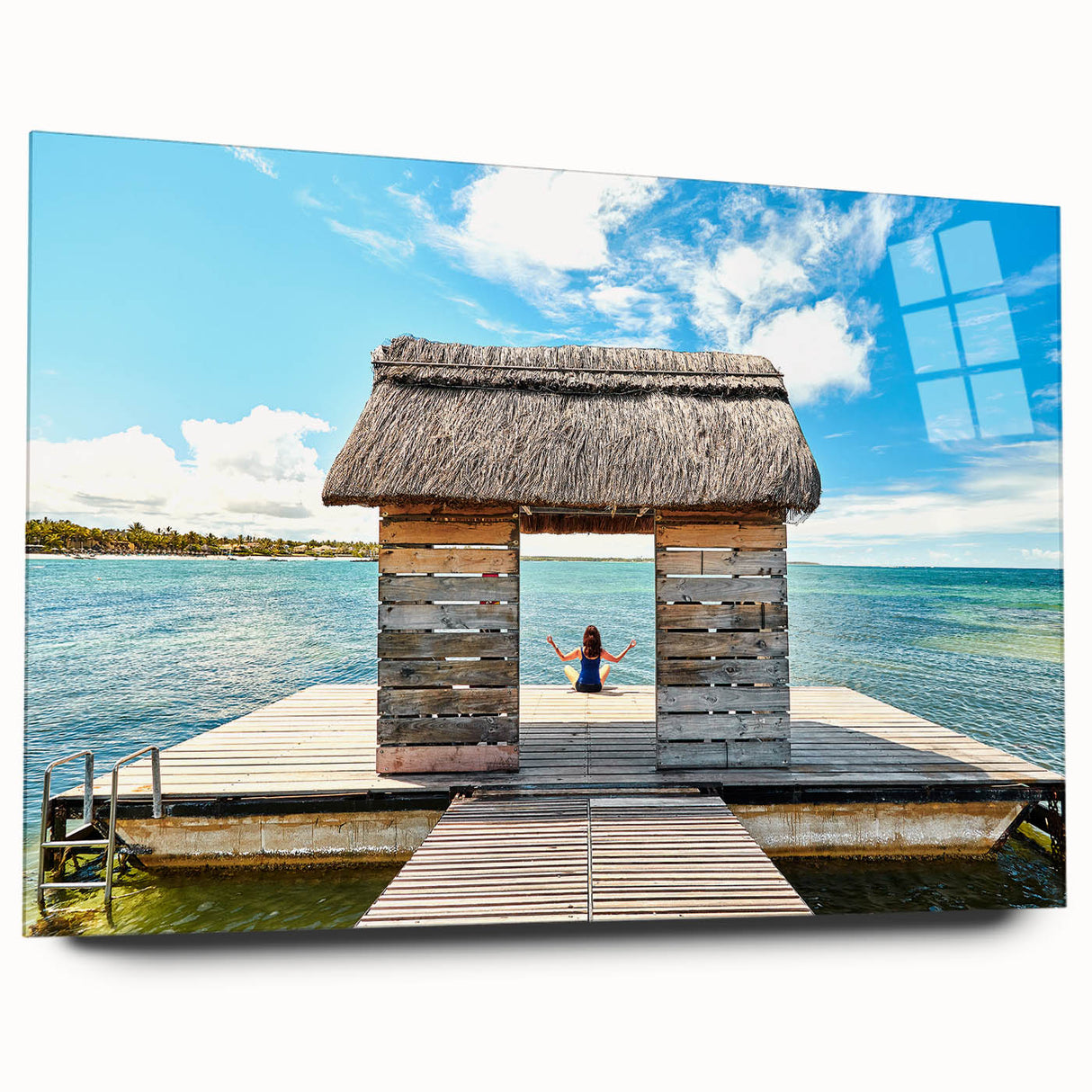 Large abstract wall art depicting the scenic Mauritius coastline in vibrant blues and greens on acrylic glass.