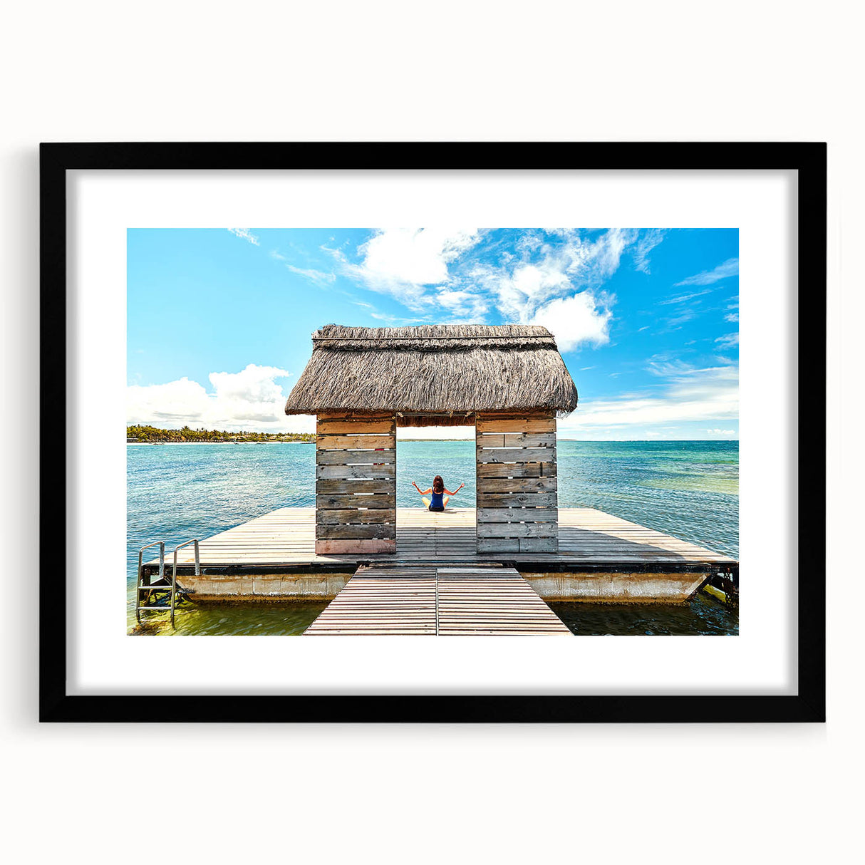 Extra large colorful art print of abstract Mauritius scenery in vibrant hues on a black framed canvas.