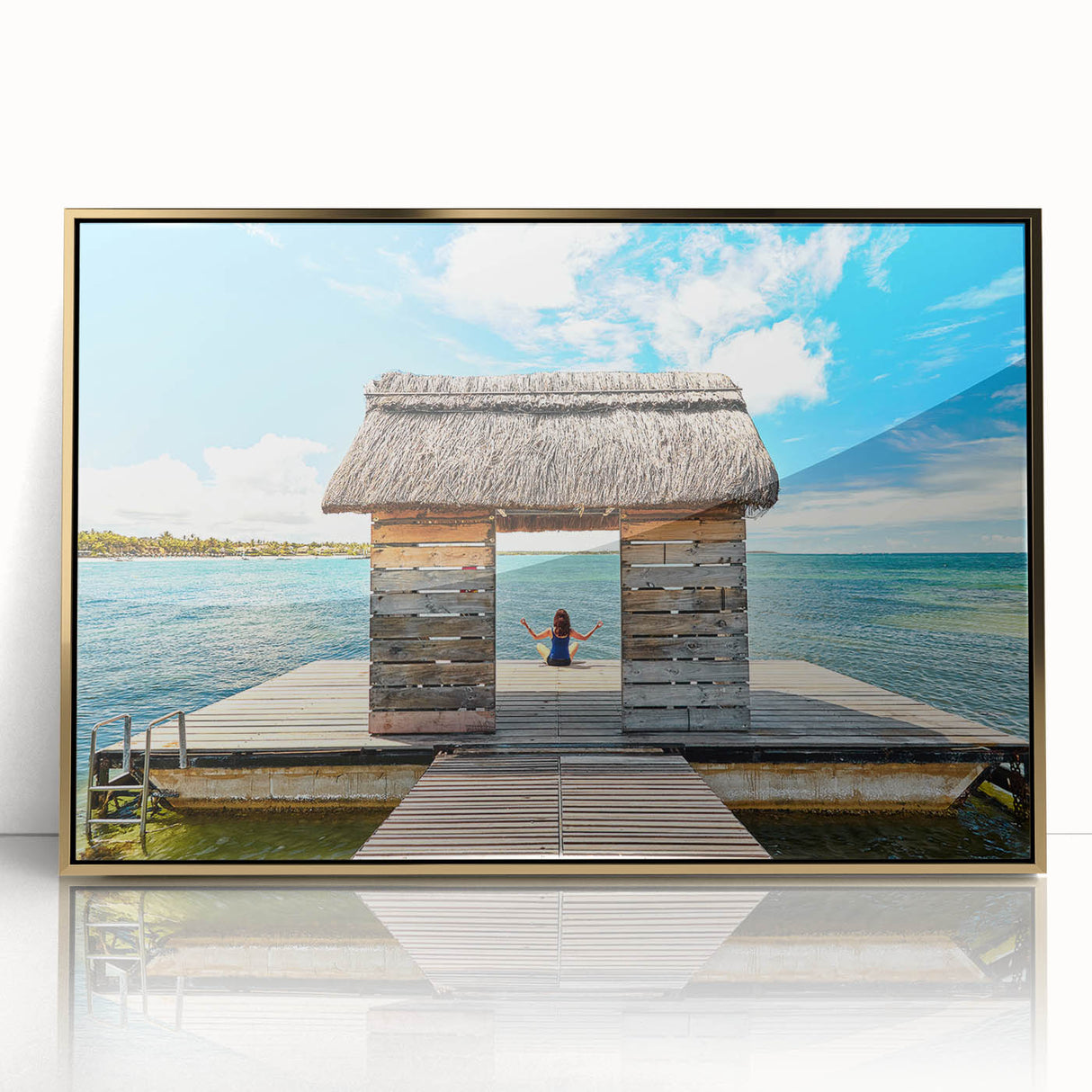 Mid-century modernist art depicting the serene Mauritius landscape in soft pastel tones on a framed acrylic panel.