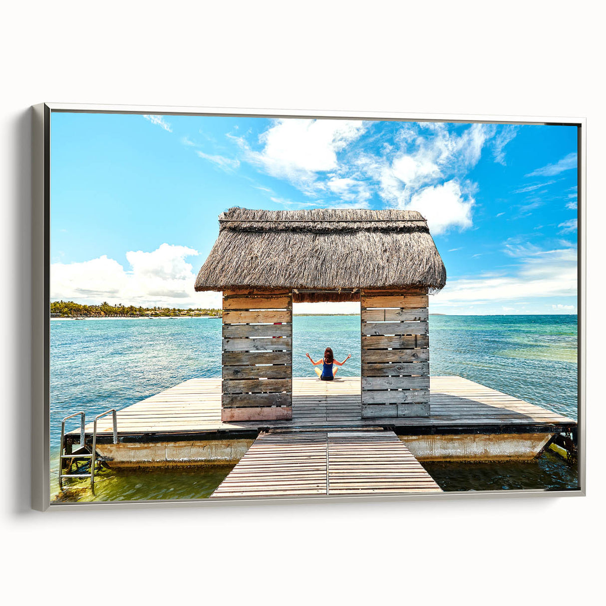 Framed canvas featuring a vintage-style landscape painting of Mauritius in black and grey tones, ideal for bedroom wall art.