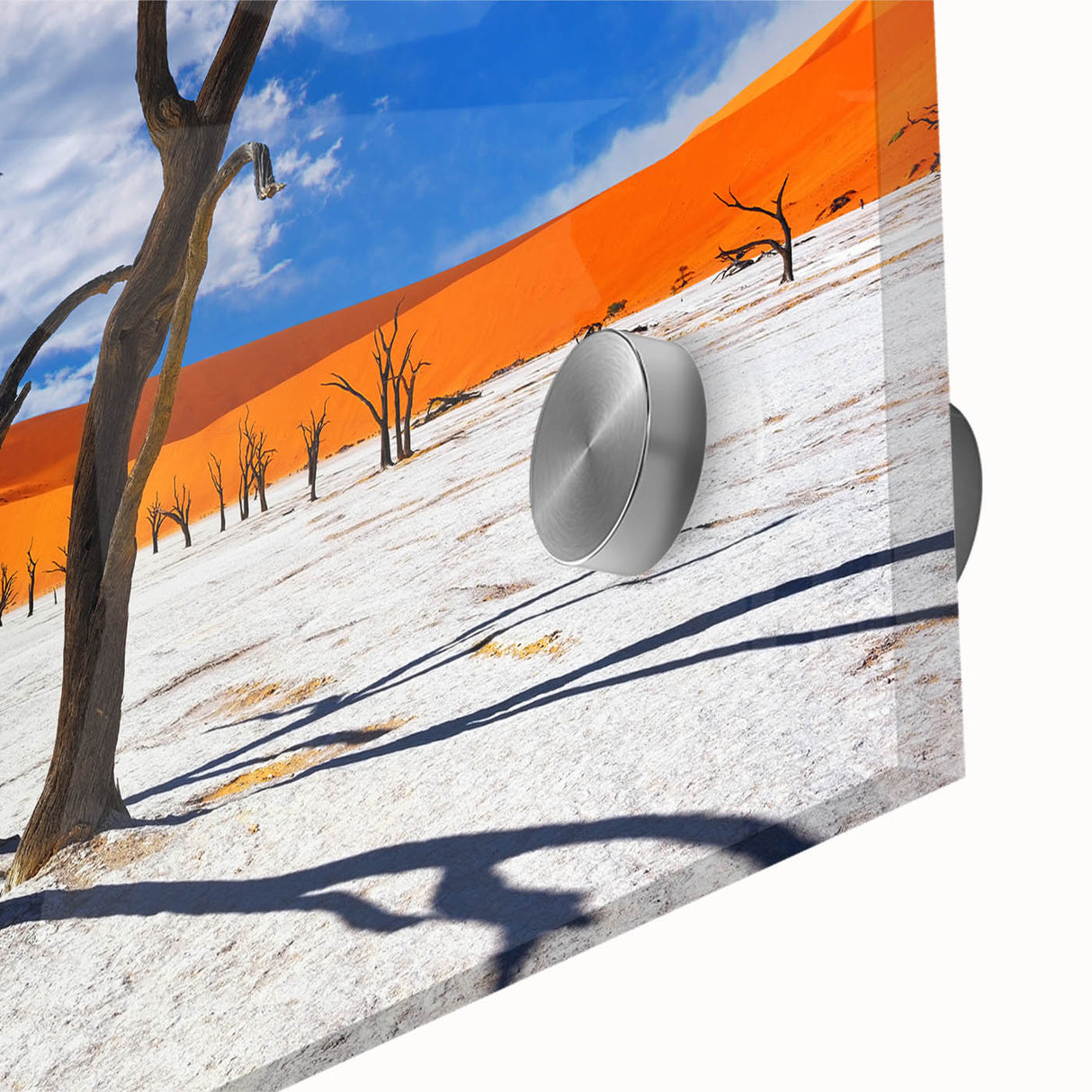 Large abstract depiction of Namibian scenery in muted earth tones on acrylic glass, suitable for dining room art.