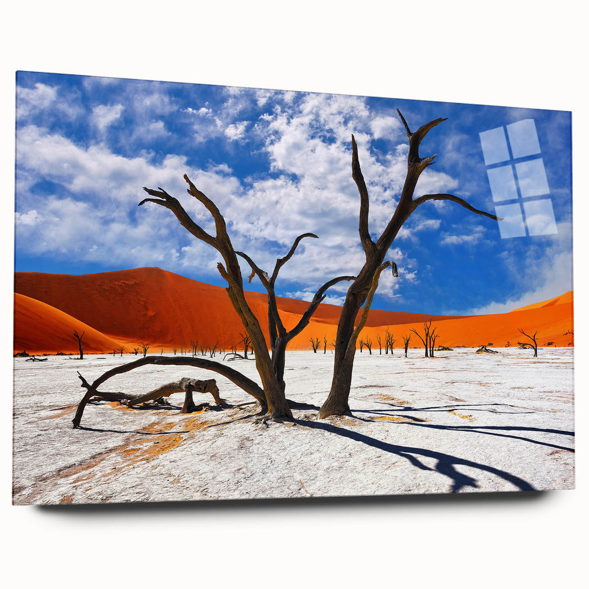 Acrylic glass print of a large abstract Namibian landscape in muted earth tones, ideal for bedroom or dining room decor.