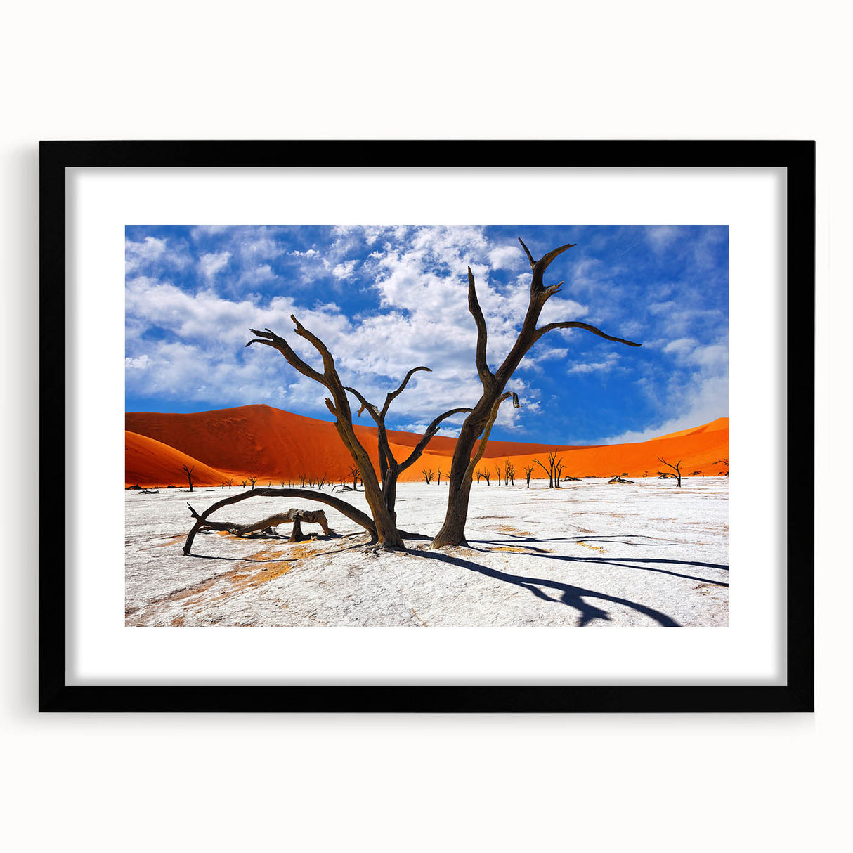 Extra large abstract art print of a colorful African landscape, textured style on black framed canvas.