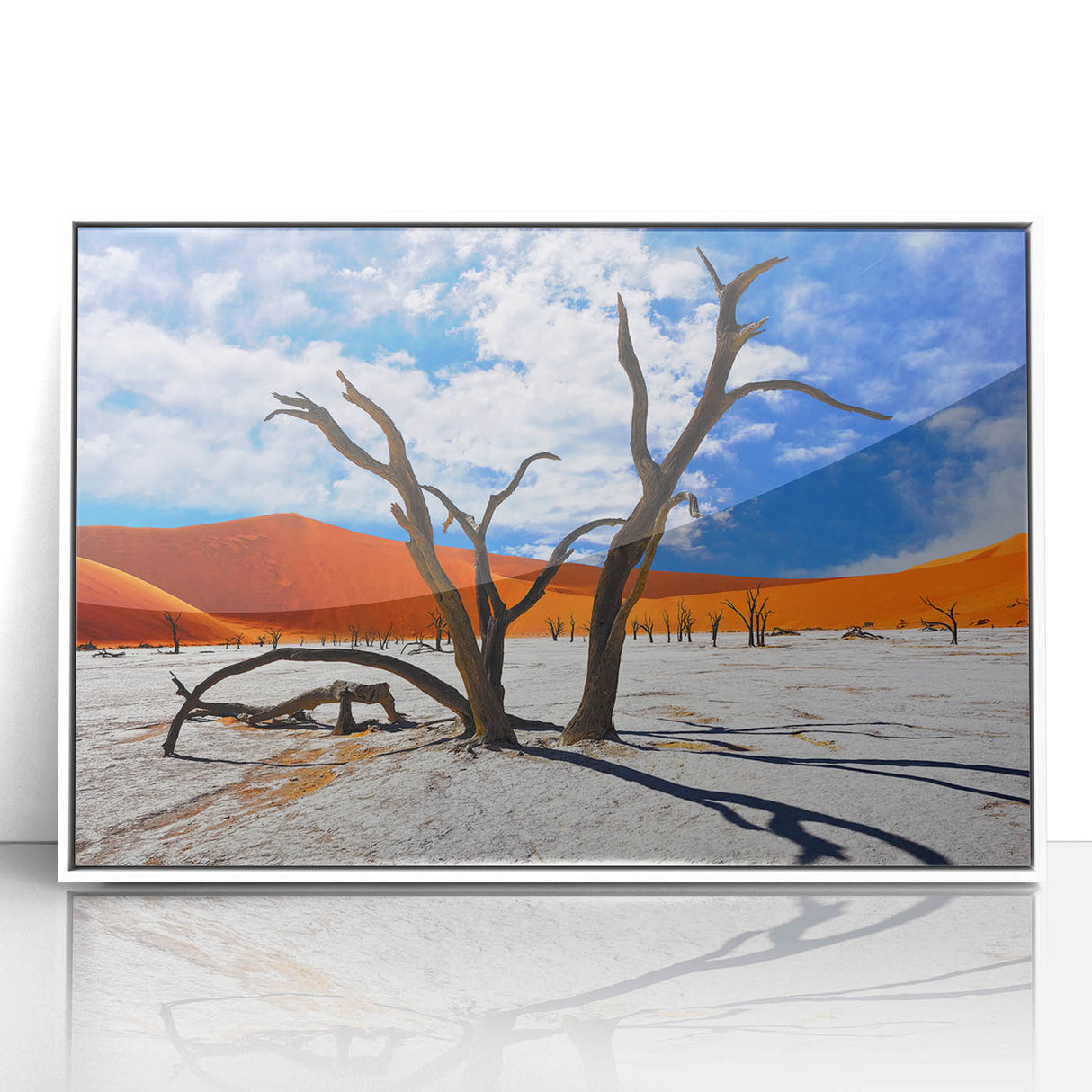Large art print of a tranquil Namibian landscape on white framed acrylic, in mid-century modernist style.