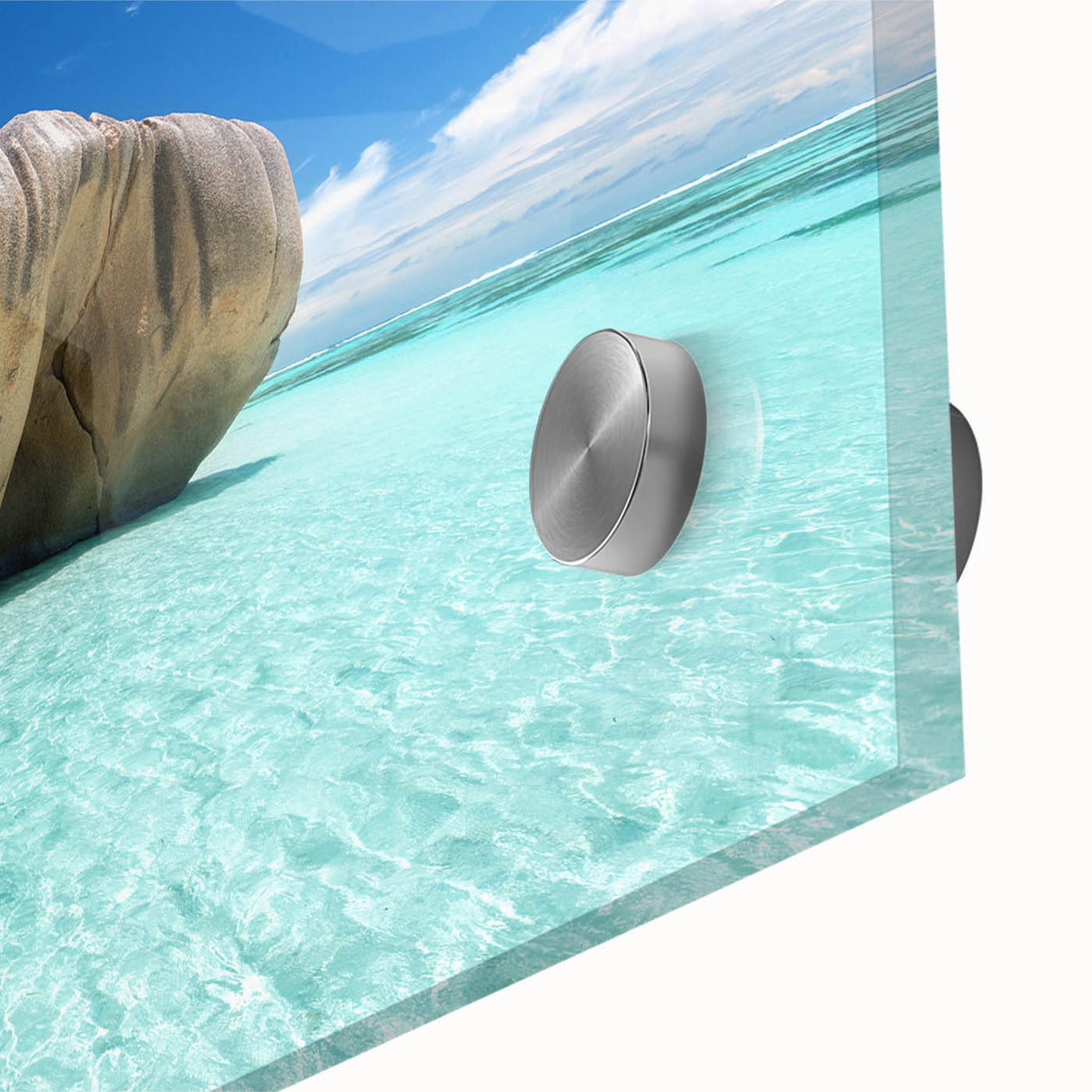 Large abstract wall art depicting a Seychelles scenery in muted blue and green tones on acrylic glass.