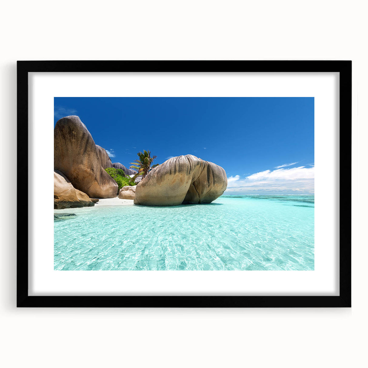 Extra large abstract art print featuring colorful, textured scenery of Seychelles on a black framed canvas.