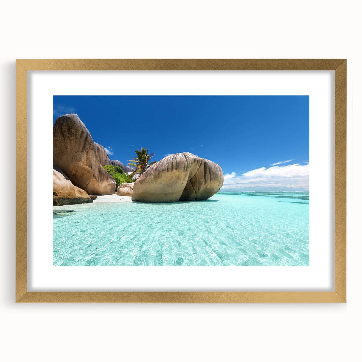Abstract art print of a serene Seychelles landscape in muted blue and green tones on a framed canvas.