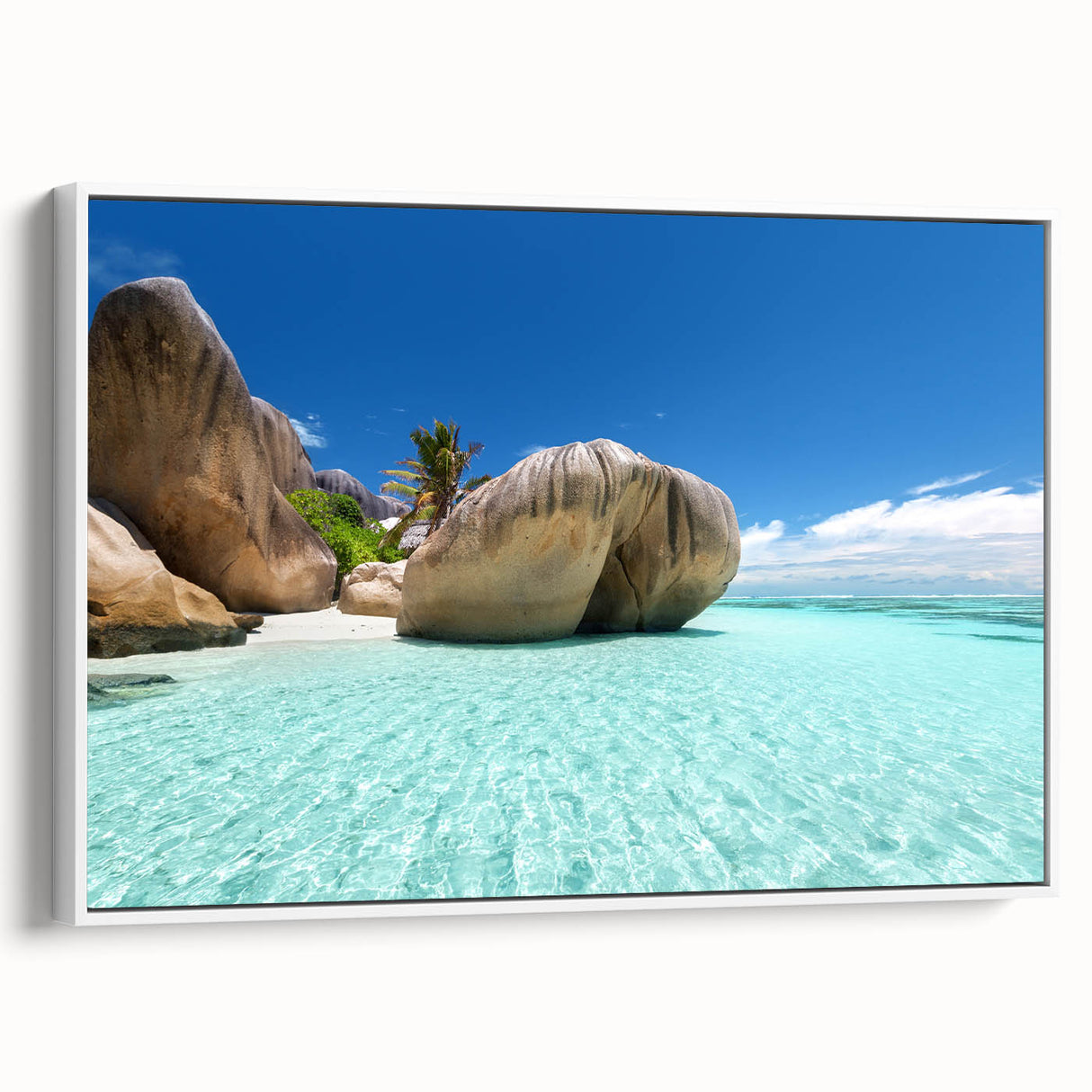 Vintage poster art of Seychelles scenery on framed canvas, featuring vibrant colors, ideal for living room decor.