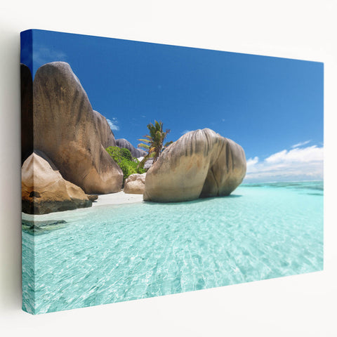 Scenic Seychelles landscape on large stretched canvas, featuring vibrant blue and green tones, ideal for kitchen wall art.