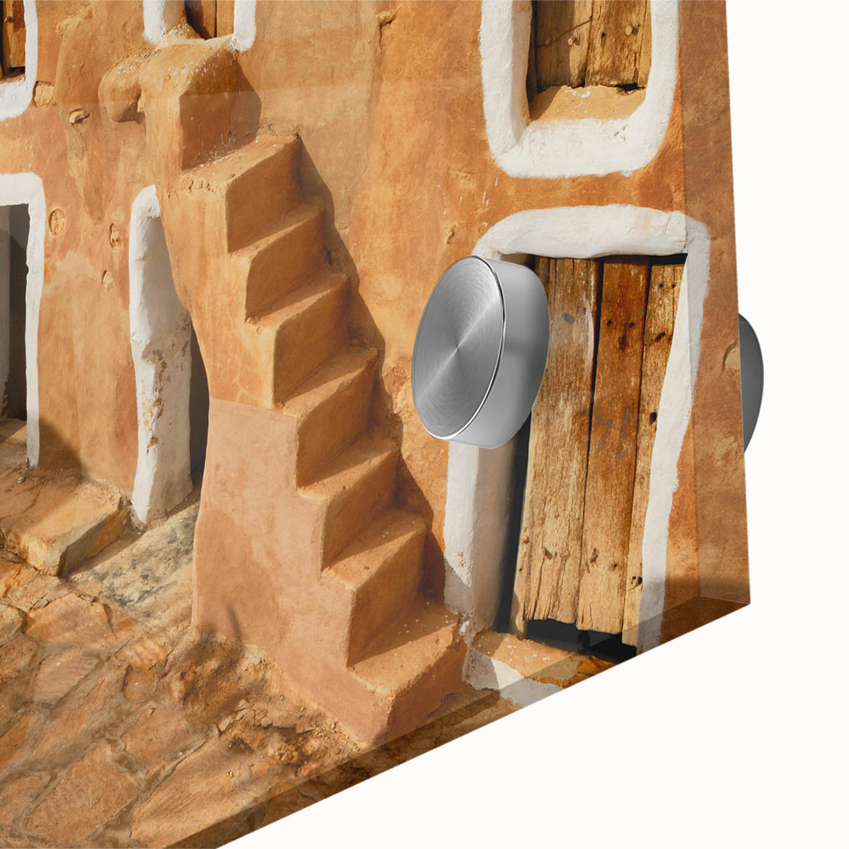 Large abstract wall art depicting a Tunisian landscape in muted earth tones on acrylic glass, suited for dining room art.