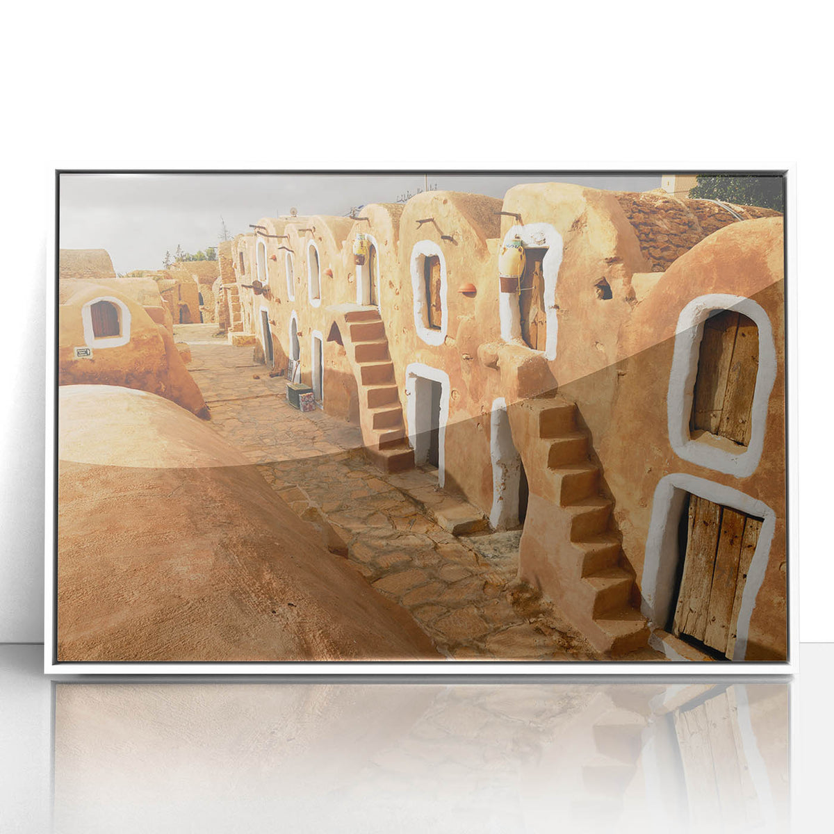 Art deco poster of a Tunisian landscape in muted earth tones on framed acrylic, ideal for modern art wall decor.