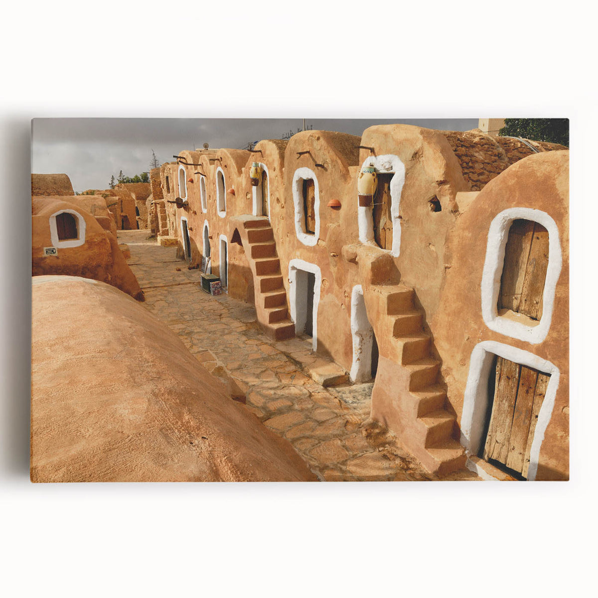 Black and white stretched canvas of Tunisian landscape, suitable as large kitchen wall art.