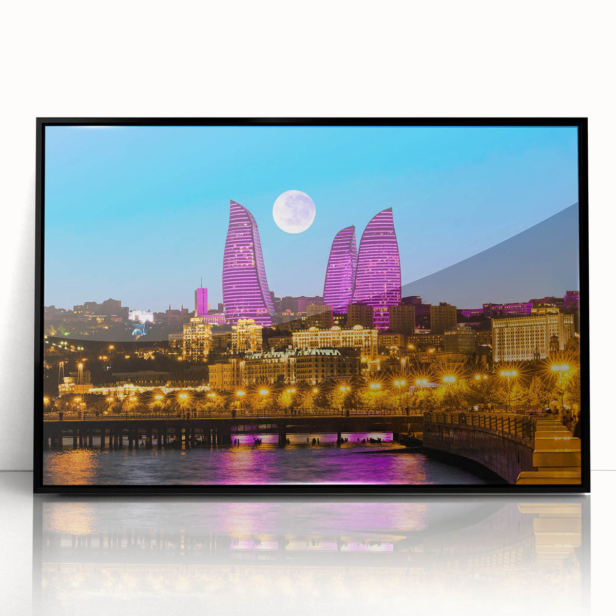 Large abstract wall art depicting a vibrant, colorful cityscape on a black framed acrylic.