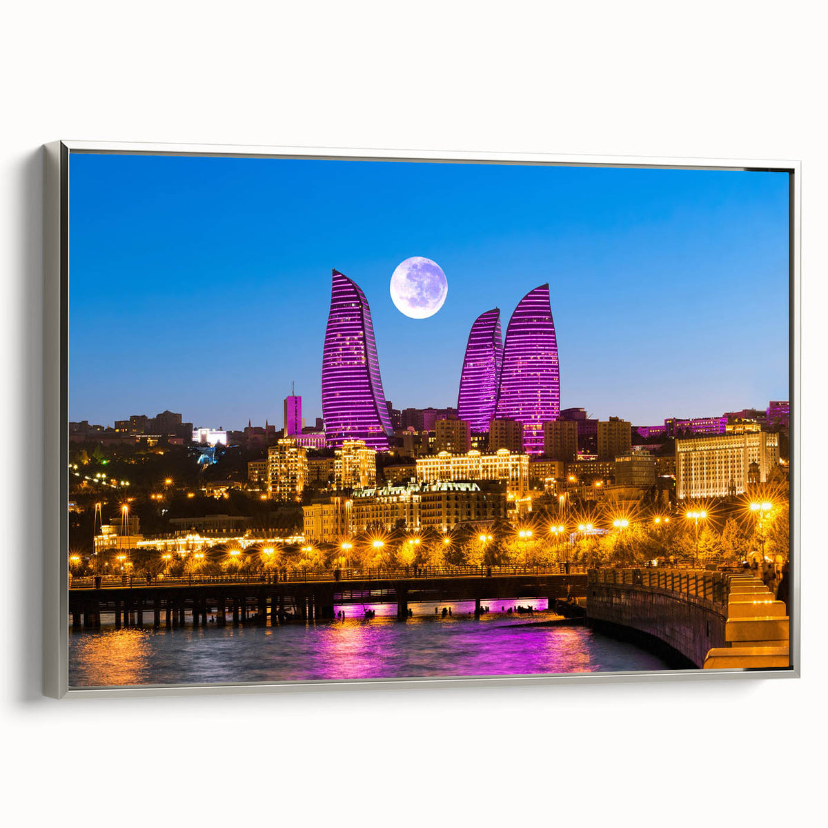 Landscape painting of an Azerbaijan scenery in vibrant colors on a silver-framed canvas, ideal for living room décor.