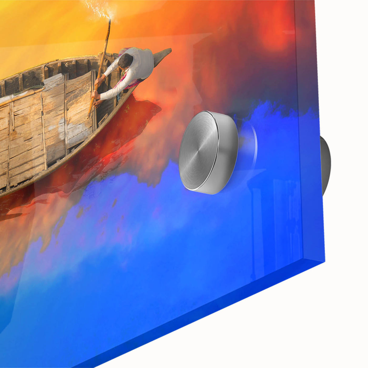 Large abstract wall art featuring a mid-century modernist style of Bangladesh scenery in muted earth tones on acrylic glass.