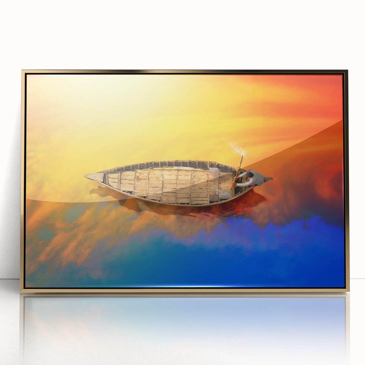 Large art print of a Bangladesh scenery in gold tones on framed acrylic, suitable for modern art wall decor.