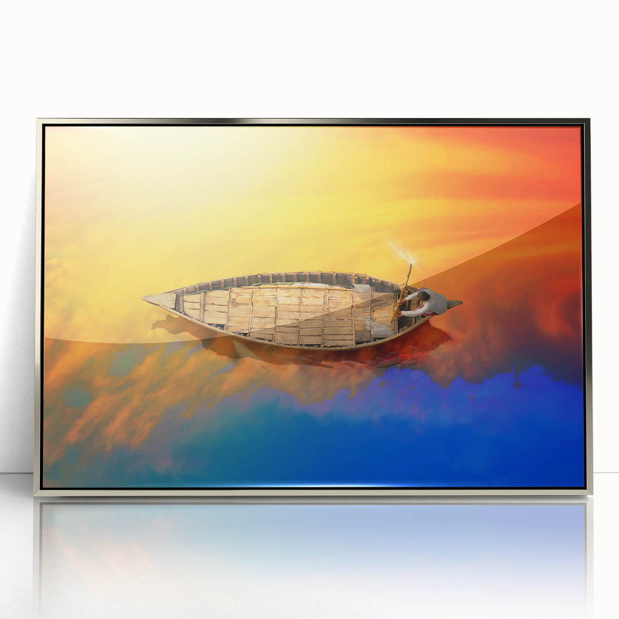 Mid-century modernist art depicting a serene Bangladesh landscape in soft green and blue tones.